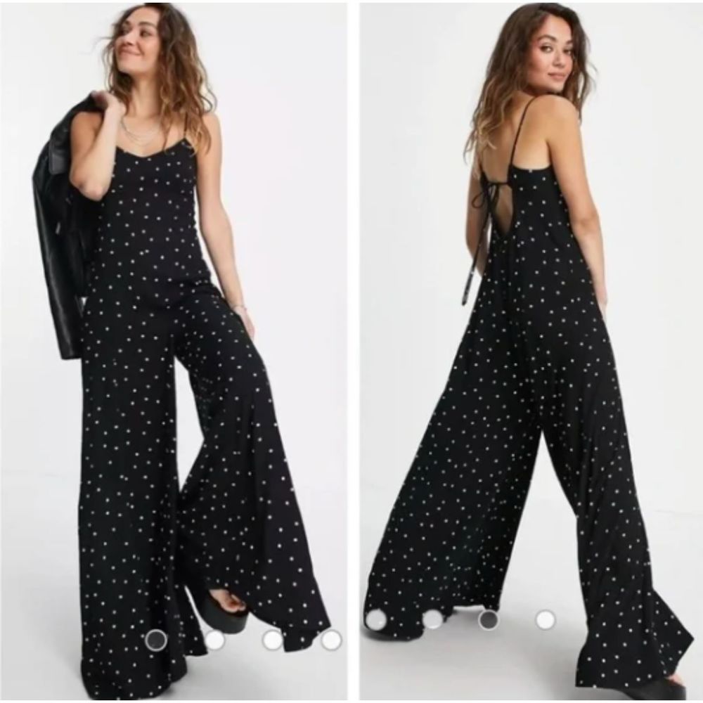 Free People Jumpsuit Medium Summer Jamboree Black White Polka Dot Boho Pantsuit